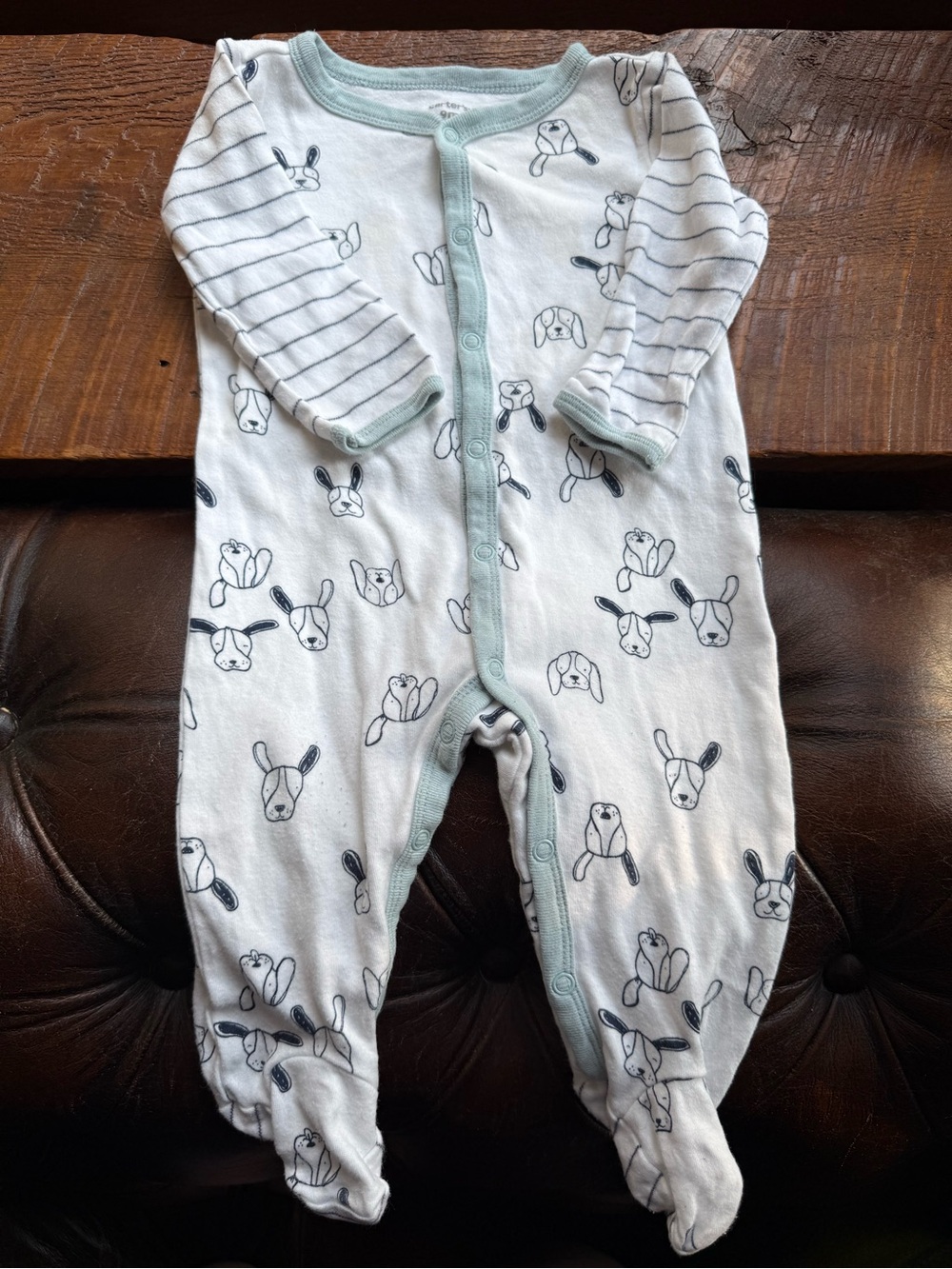 Baby Footed One-Piece Sleeper in White with Light Blue Trim with Puppy Graphic
